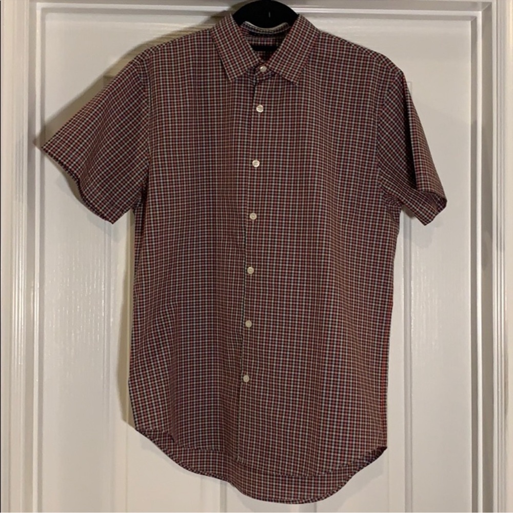 Theory Men's Red/Black Plaid Short Sleeve Shirt M